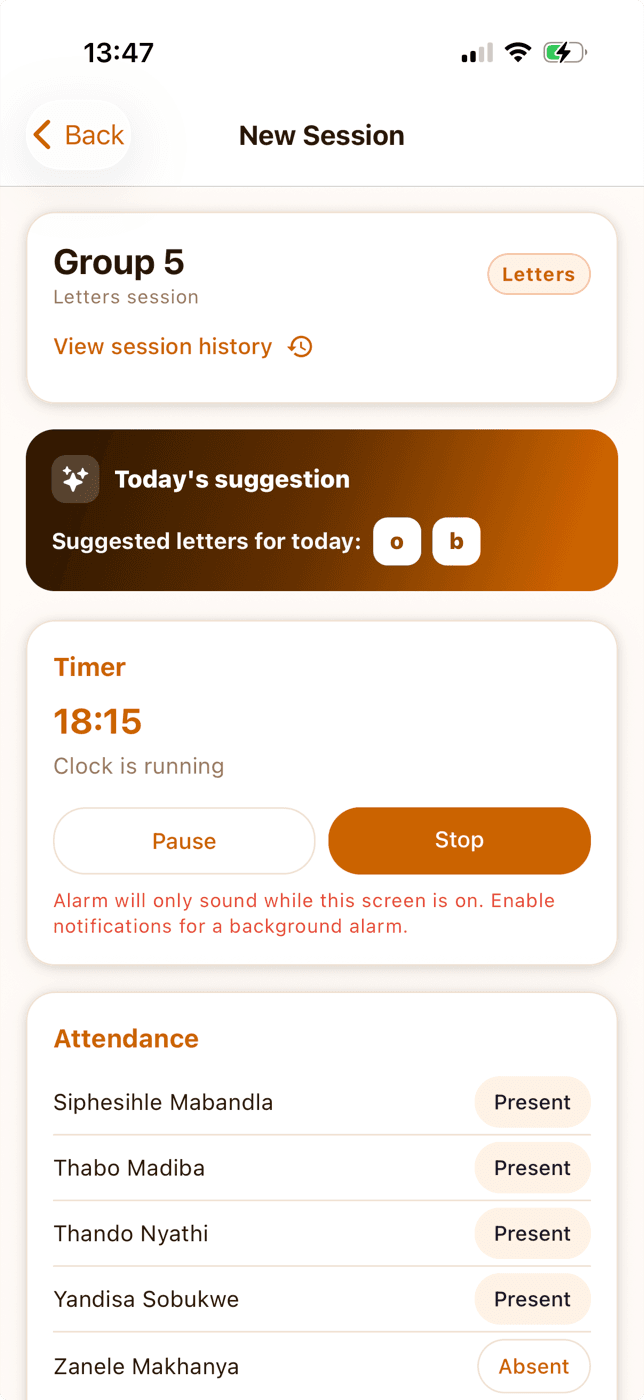 Zazi iZandi app: a live teaching session with today's suggested letters, a timer and attendance
